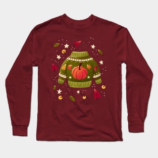 Christmas holiday sweater with cute pumpkin and leaves. Colorful winter festive illustration. 02 Long Sleeve T-Shirt